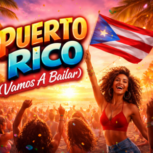 Puerto Rico Vamos A Bailar song promo image with dancers, Taíno patterns, and vibrant tropical colors
